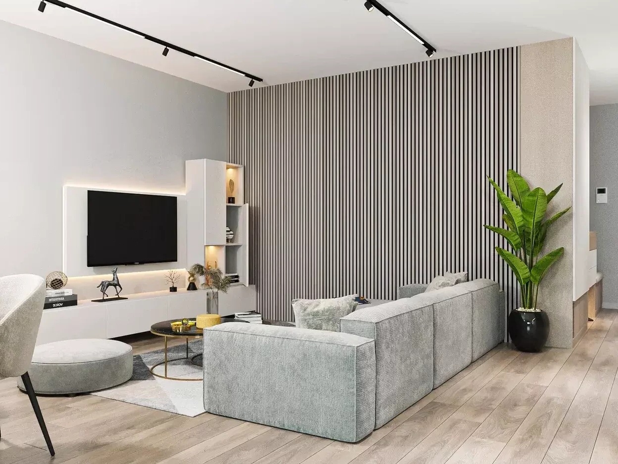 МДФ стеновая панель акустическая Cosca Decor Сканди Дуб Дымчатый черный войлок 600×600×19 фото в интерьере